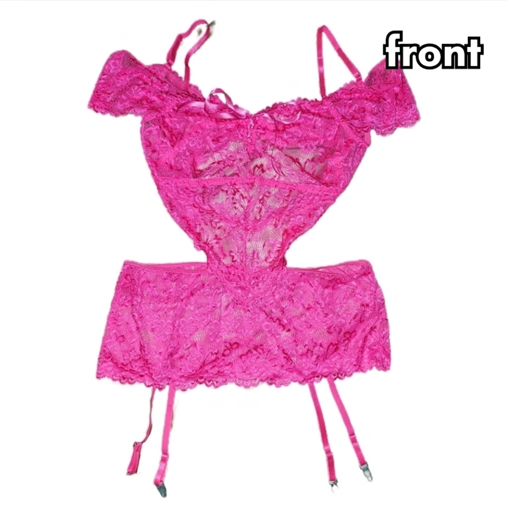 lace off-shoulder lingerie garter belt size XL in hot pink